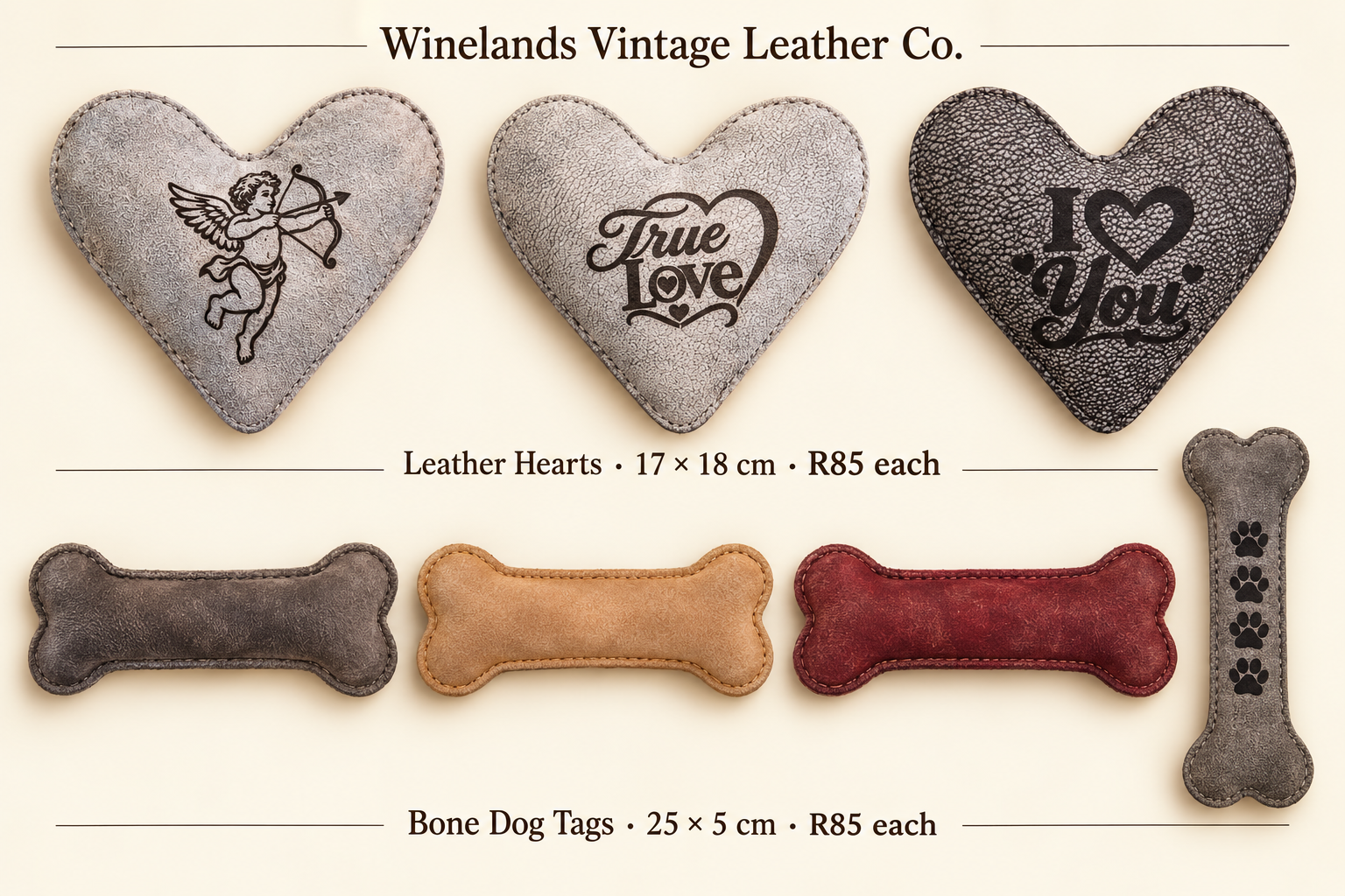 Three leather heart designs and bone dog tags in assorted colours, including a paw-print design