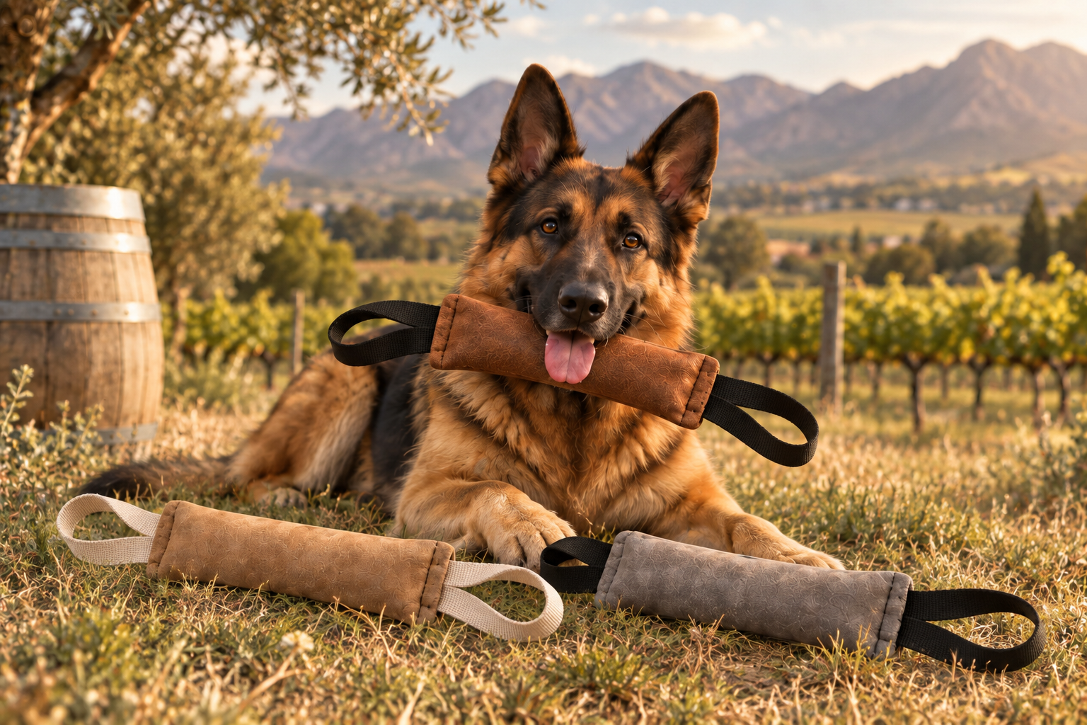 Adult German Shepherd with large leather tug toys