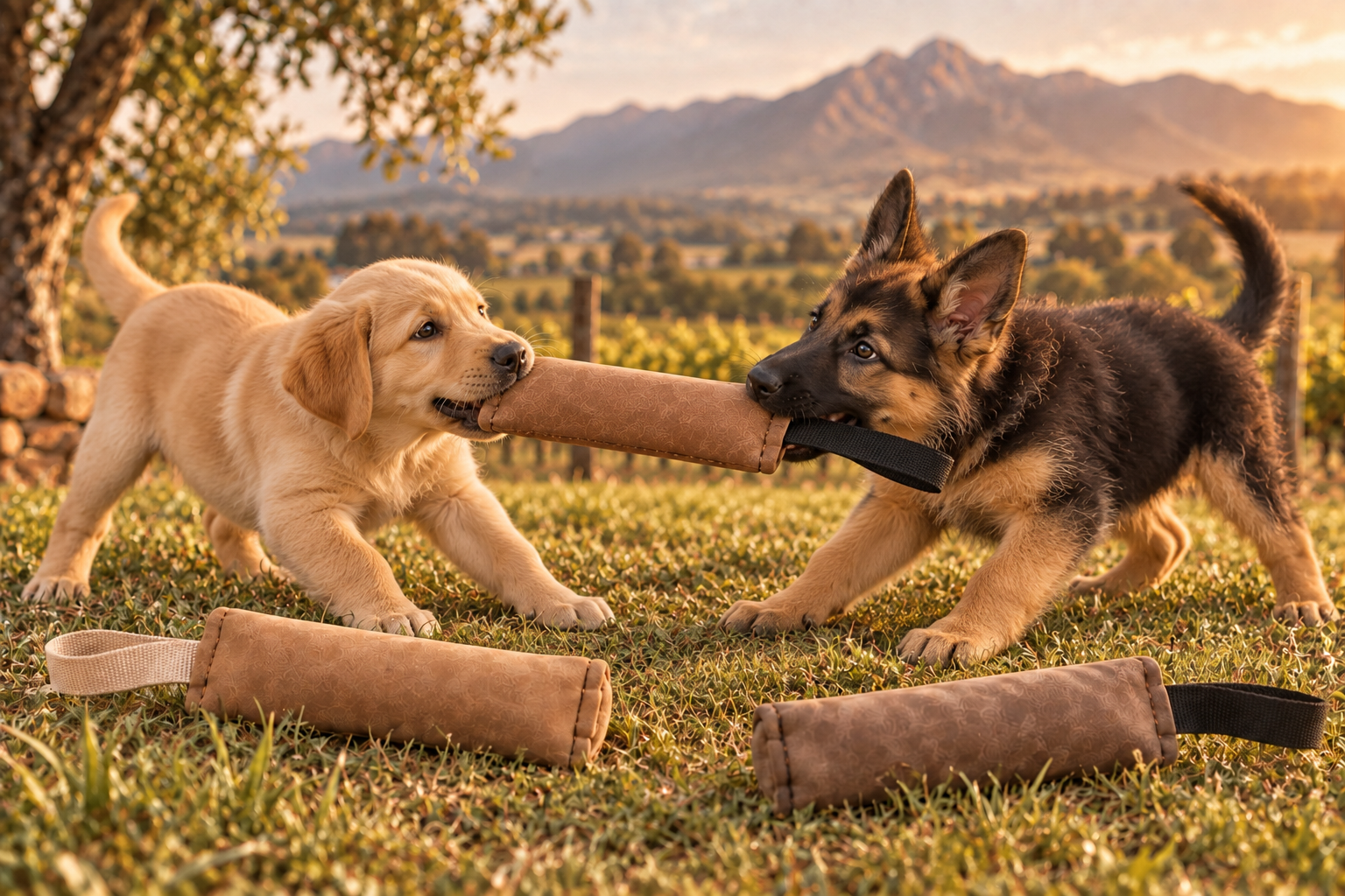 Labrador and German Shepherd puppies playing with a leather tug toy