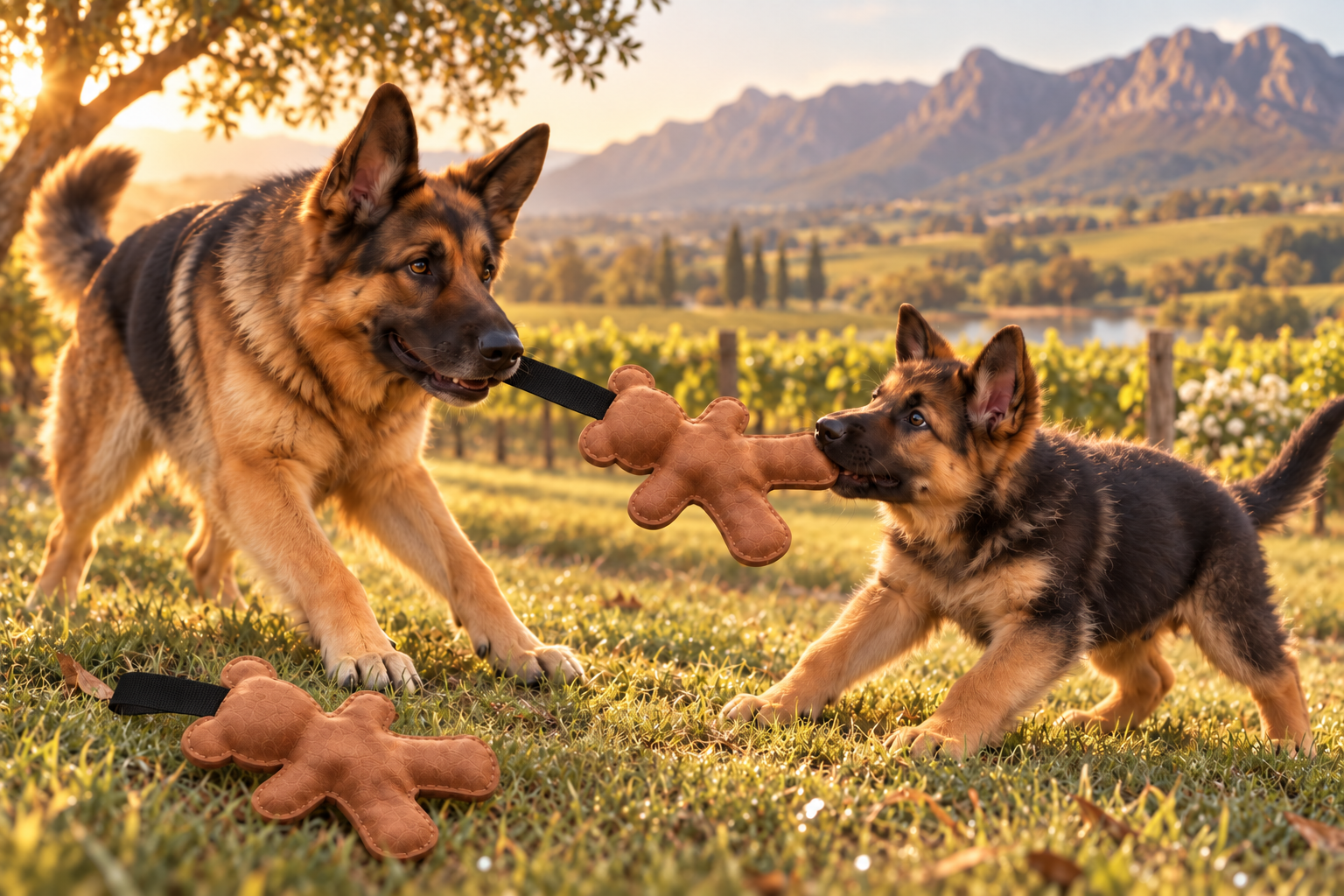Adult and puppy German Shepherd playing with a leather teddy bear tug toy
