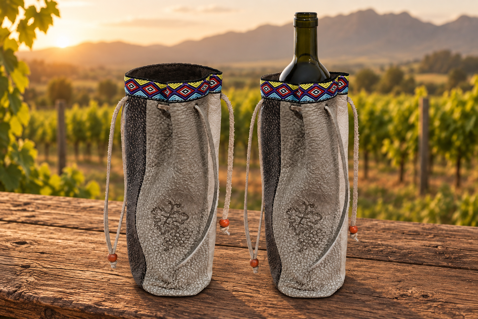 Empty leather wine bag beside one containing a wine bottle